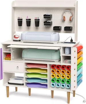𝐂𝐫𝐚𝐟𝐢𝐭 Craft Table for Cricut Machines, Organizers and Storage Cabinet with USB Ports and Outlets, Crafting Desk Vinyl Roll Holder Tool Accessories Organization with Storage and Pegboard