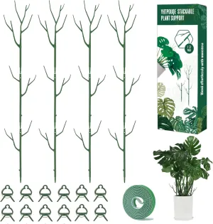 12 Pack Plant Support Stakes, Plant Stakes for Indoor and Outdoor Plants. 39.37inch Plant Sticks with Extension Poles, Plant Clips, Plant Ties for Potted Monstera Plants, Climbing Plants