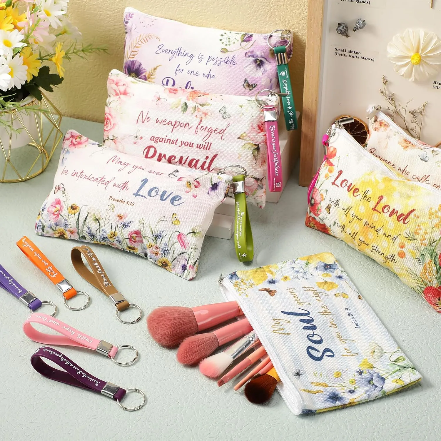 12 Pcs Makeup Bags Bulk with 12 Quote Keychains Inspirational Canvas Cosmetic Bags Positive Affirmation Bag Makeup Pouch Christian Gifts for Women Friend Employee(Bible Verse)