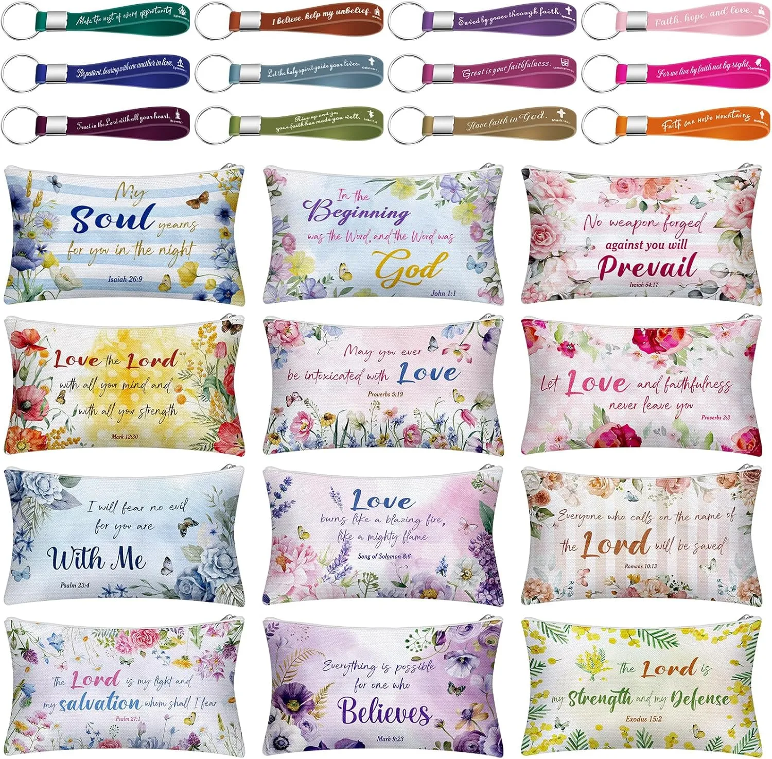 12 Pcs Makeup Bags Bulk with 12 Quote Keychains Inspirational Canvas Cosmetic Bags Positive Affirmation Bag Makeup Pouch Christian Gifts for Women Friend Employee(Bible Verse)