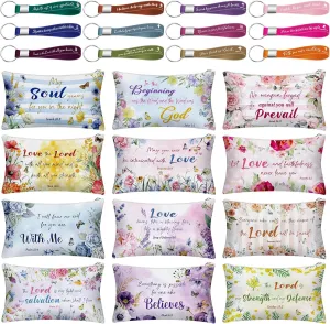 12 Pcs Makeup Bags Bulk with 12 Quote Keychains Inspirational Canvas Cosmetic Bags Positive Affirmation Bag Makeup Pouch Christian Gifts for Women Friend Employee(Bible Verse)