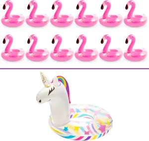 12Pcs Inflatable Pool Drink Holder Floating Coasters and Summer Inflatable Unicorn Pool Float Kids Bath Toys Great for Wedding Bachelorette Pool Party