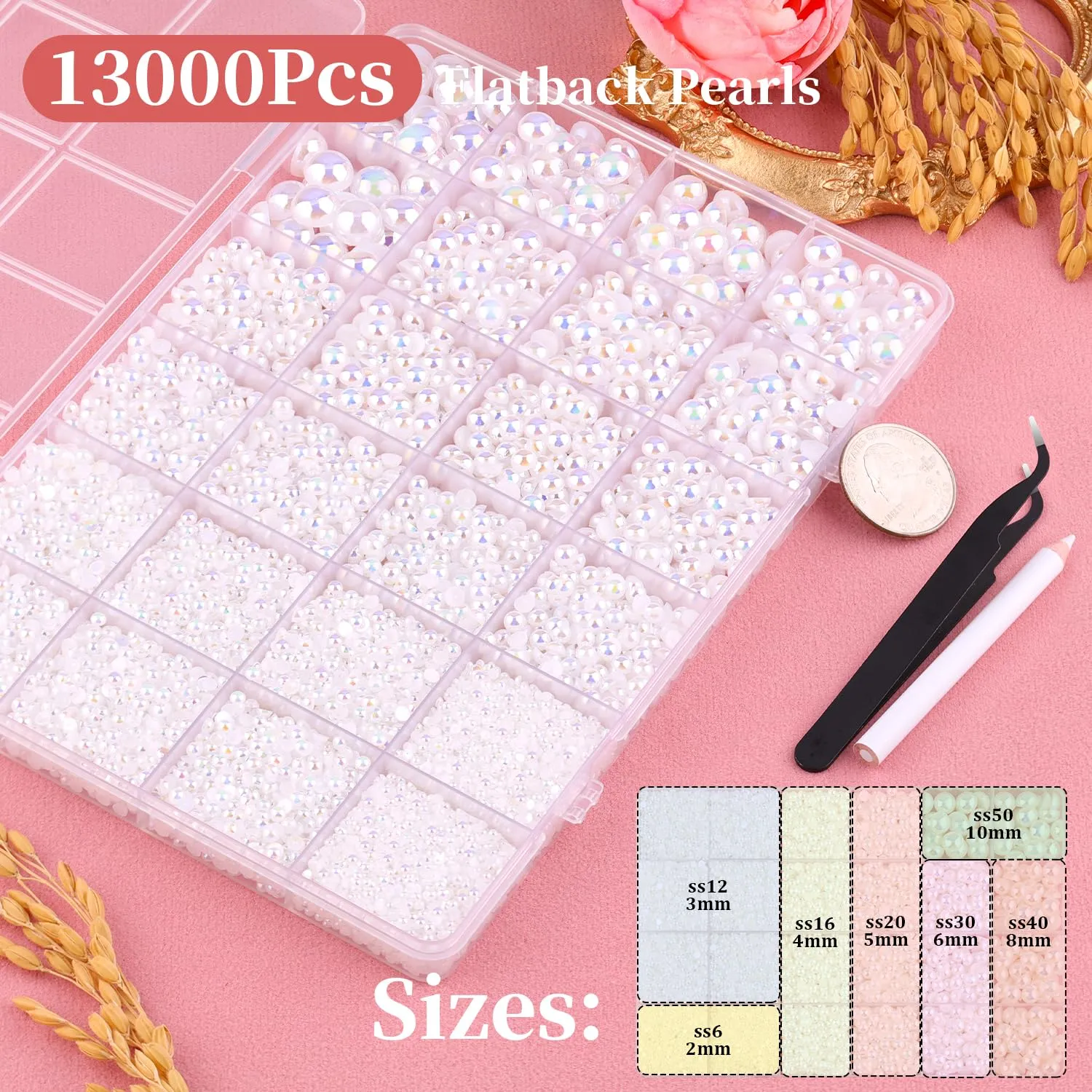 13000Pcs Flatback Pearls for Crafting (White AB), Assorted Size 2/3/4/5/6/8/10mm Half Pearl with 3Pcs 10ml B7000 Jewelry Glue, Bedazzling Bead for DIY Crafts Clothing Tumblers Shoes Nail Art