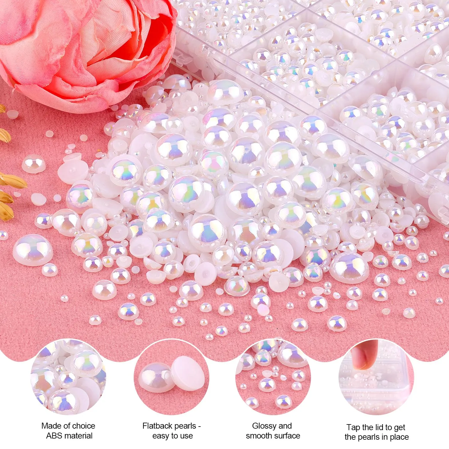 13000Pcs Flatback Pearls for Crafting (White AB), Assorted Size 2/3/4/5/6/8/10mm Half Pearl with 3Pcs 10ml B7000 Jewelry Glue, Bedazzling Bead for DIY Crafts Clothing Tumblers Shoes Nail Art