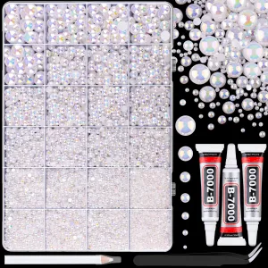 13000Pcs Flatback Pearls for Crafting (White AB), Assorted Size 2/3/4/5/6/8/10mm Half Pearl with 3Pcs 10ml B7000 Jewelry Glue, Bedazzling Bead for DIY Crafts Clothing Tumblers Shoes Nail Art