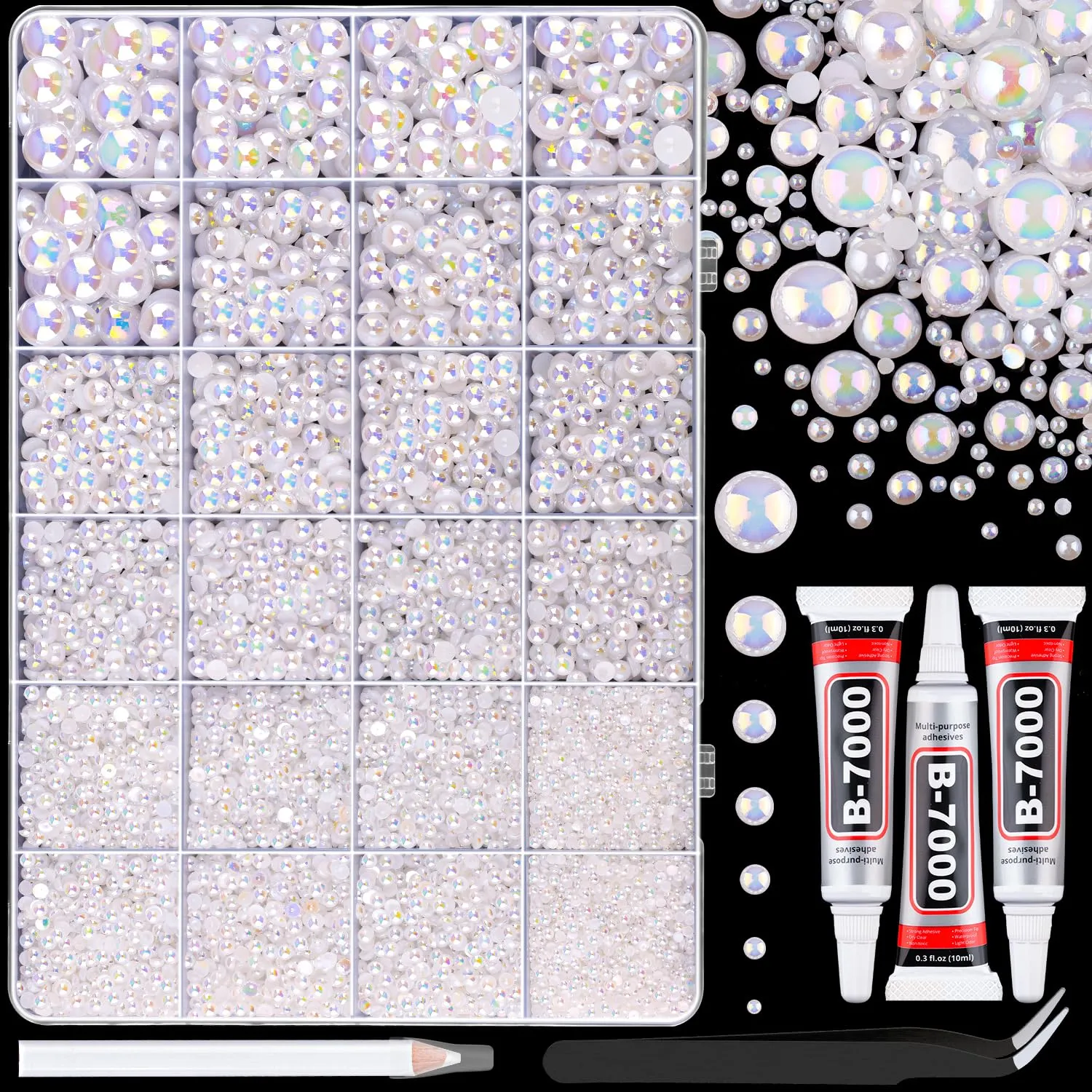 13000Pcs Flatback Pearls for Crafting (White AB), Assorted Size 2/3/4/5/6/8/10mm Half Pearl with 3Pcs 10ml B7000 Jewelry Glue, Bedazzling Bead for DIY Crafts Clothing Tumblers Shoes Nail Art
