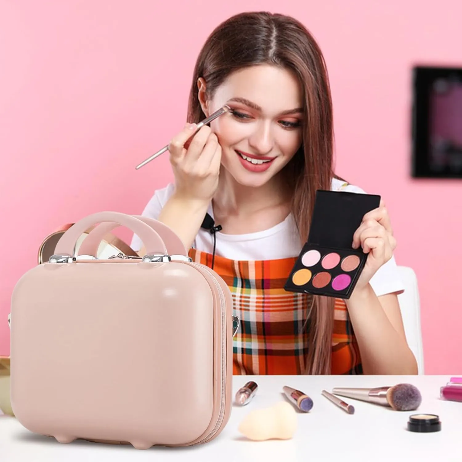 14Inch Vanity Cases with Soft Handle, Portable Hard Shell Makeup Travel Case for Women Girl, Waterproof Makeup Travel Case for Skincare