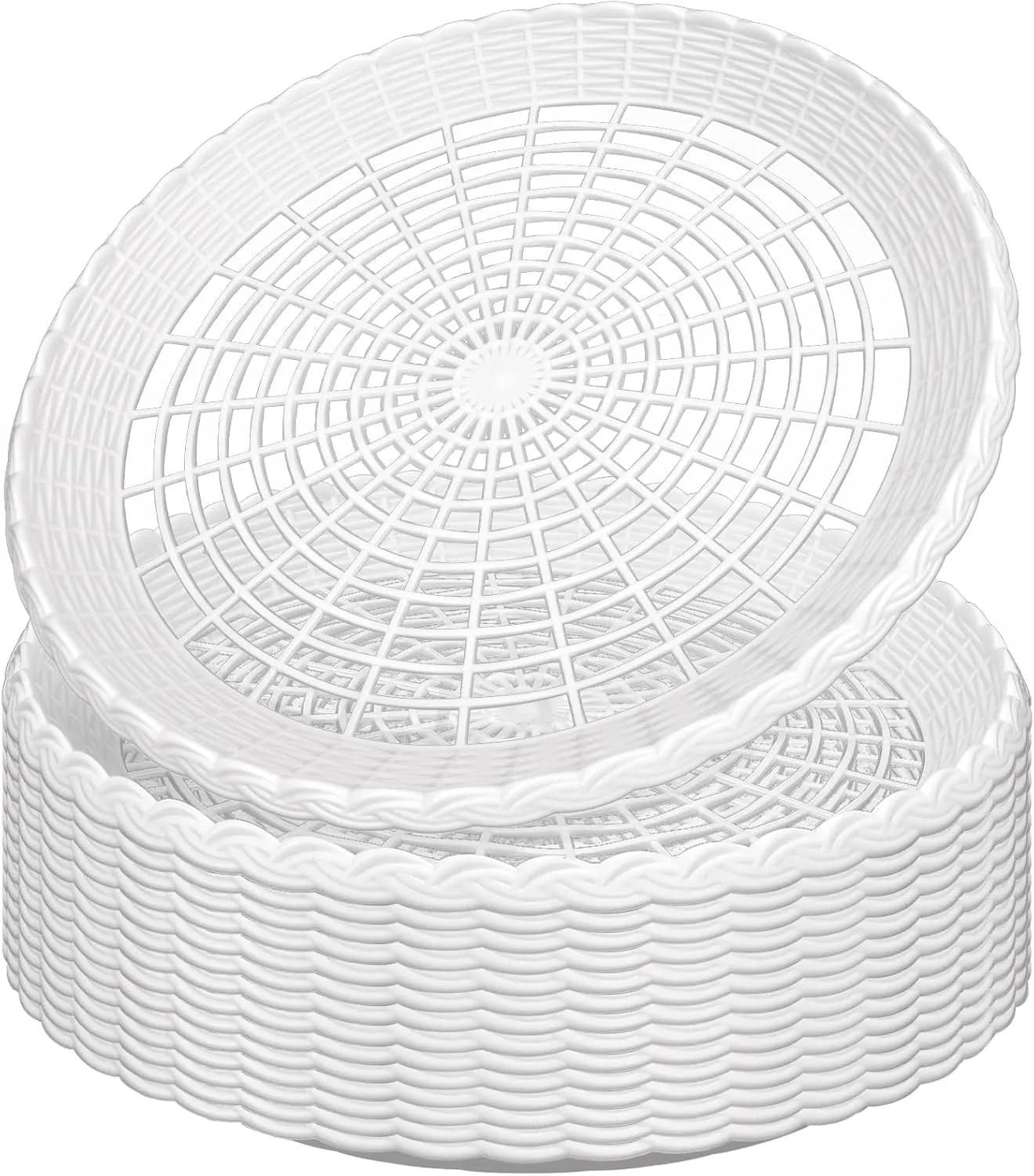 15 Pack 10'' White Plastic Paper Plate Holders - Hollow, Imitation Rattan Weaving, Reusable