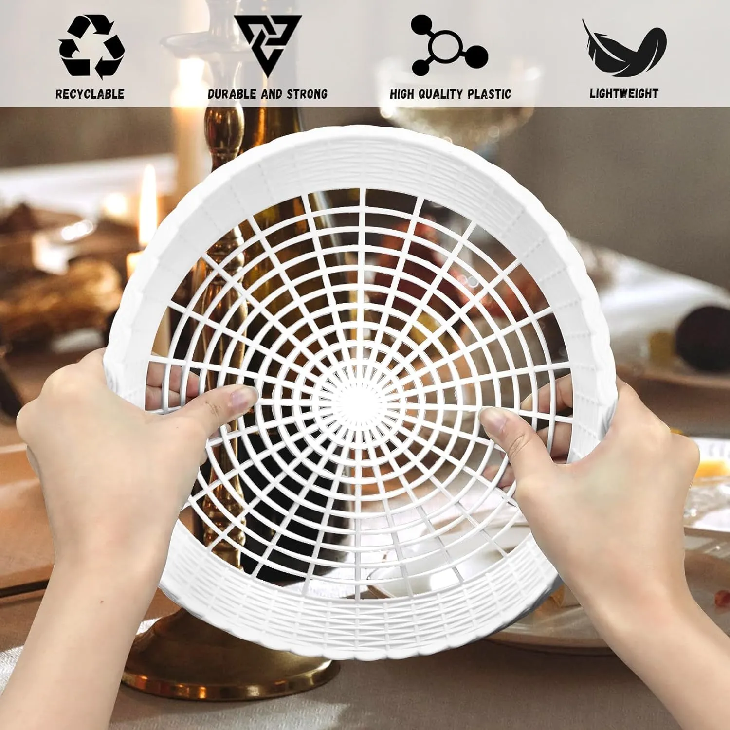 15 Pack 10'' White Plastic Paper Plate Holders - Hollow, Imitation Rattan Weaving, Reusable