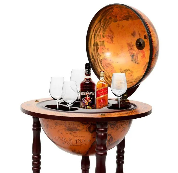 16th Century Italian Wood Globe 36'' Wine Bar