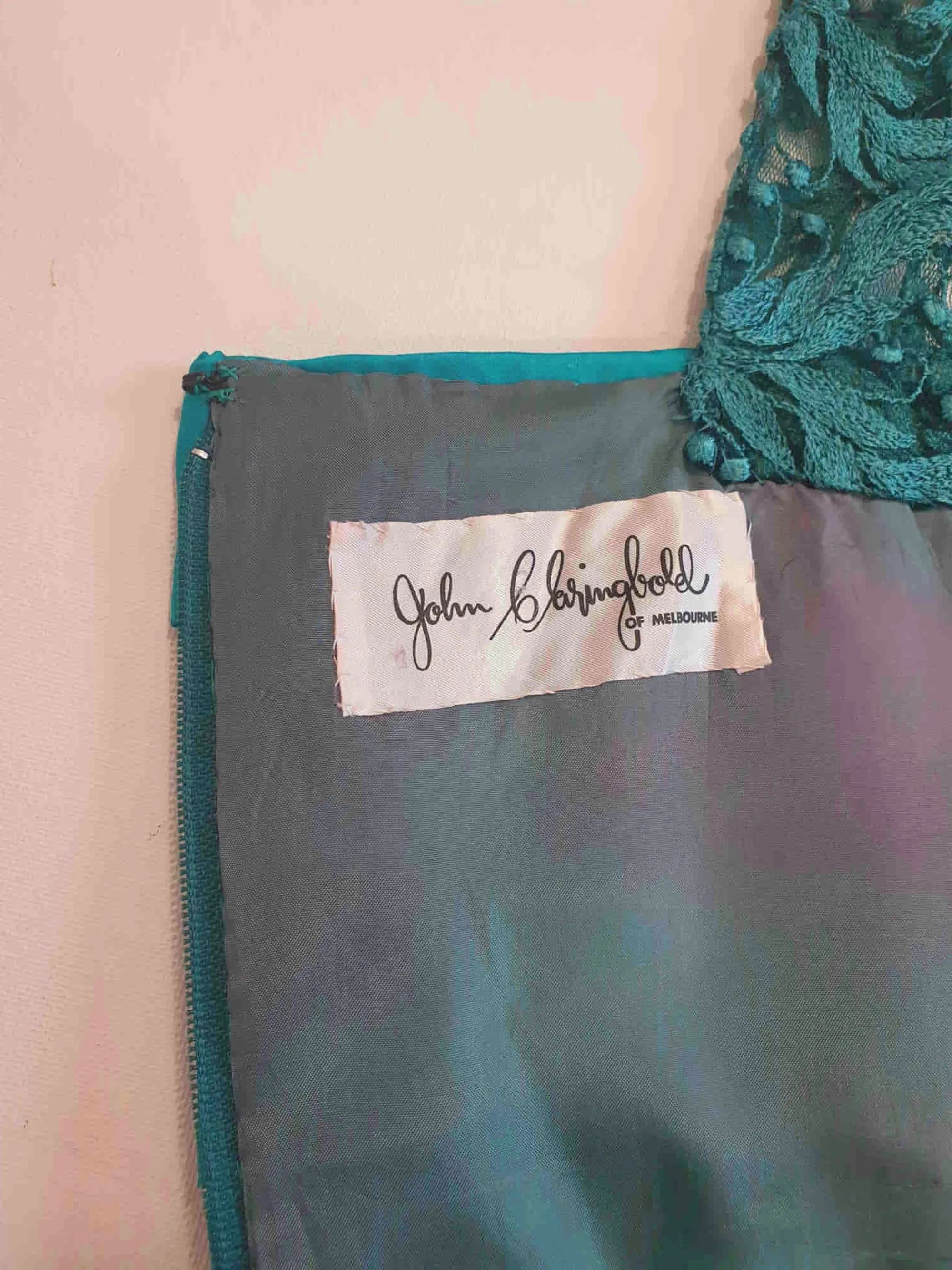 1970s Teal Lace & Satin Dress by John Claringbold - S