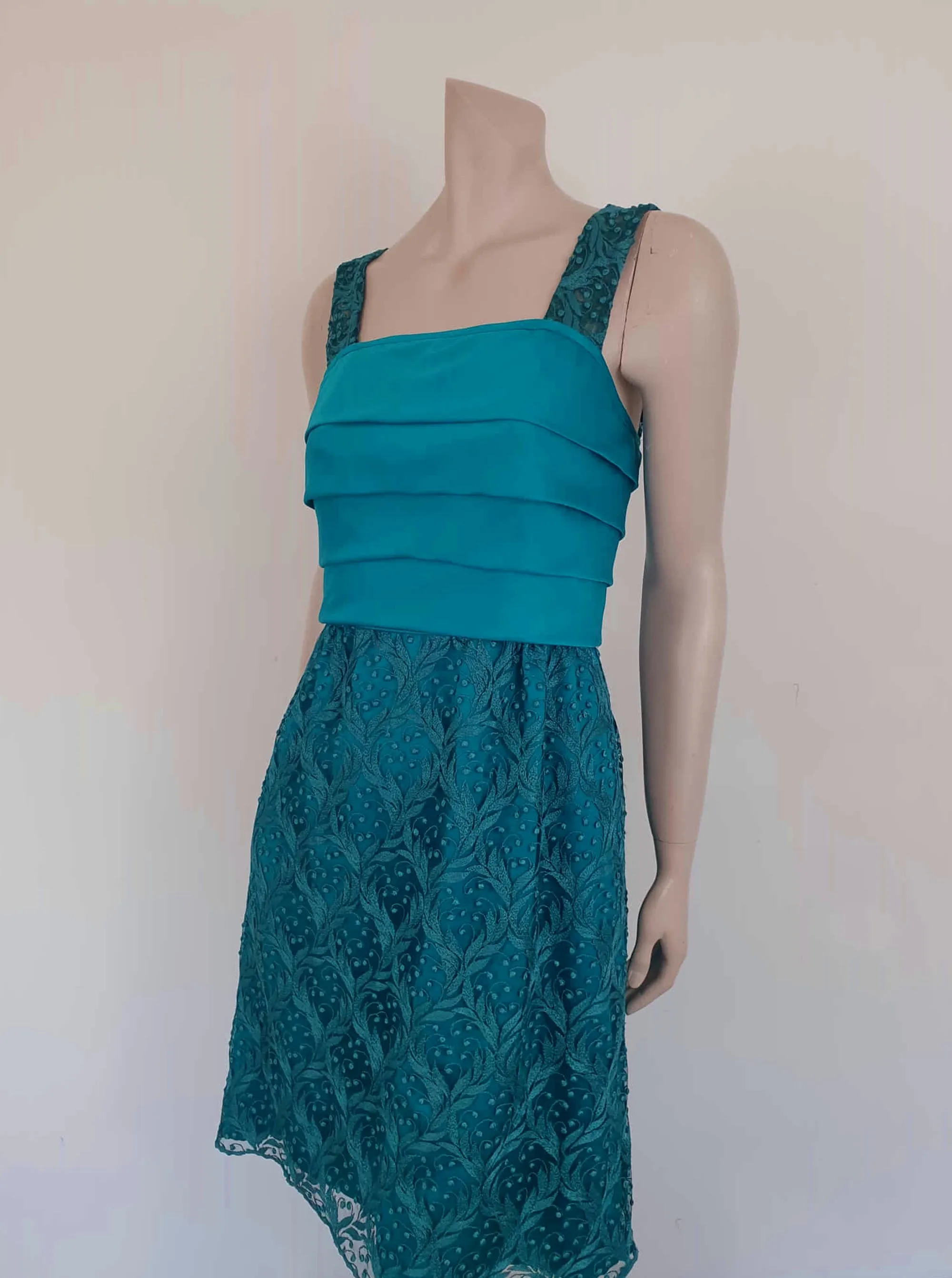 1970s Teal Lace & Satin Dress by John Claringbold - S