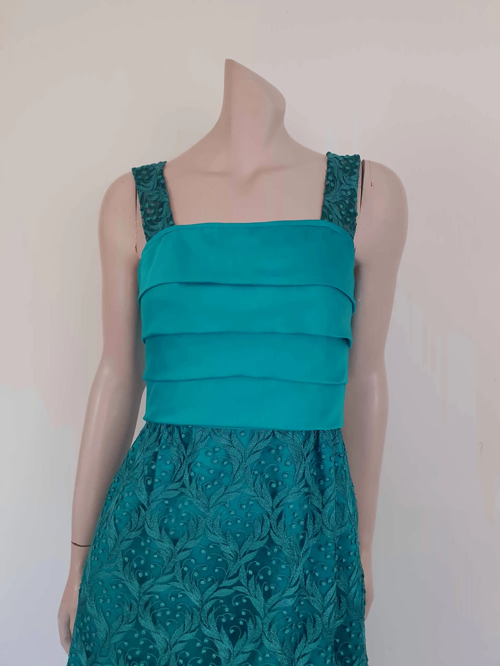 1970s Teal Lace & Satin Dress by John Claringbold - S