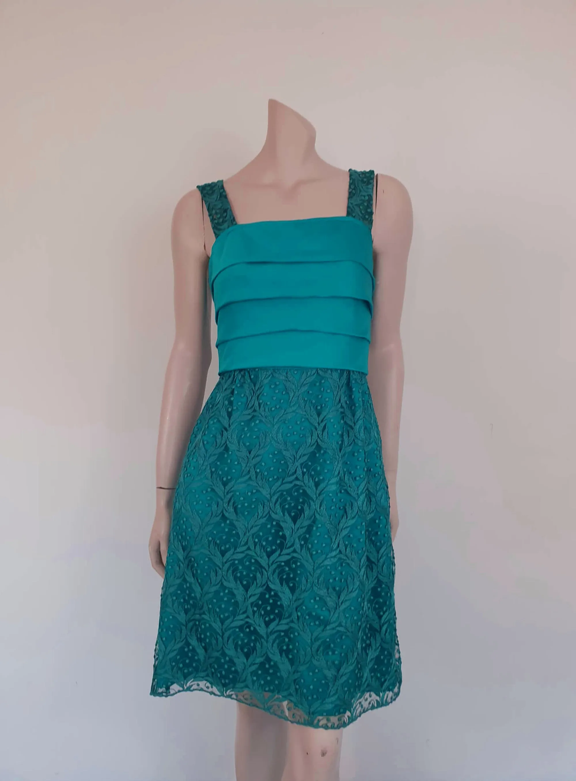 1970s Teal Lace & Satin Dress by John Claringbold - S