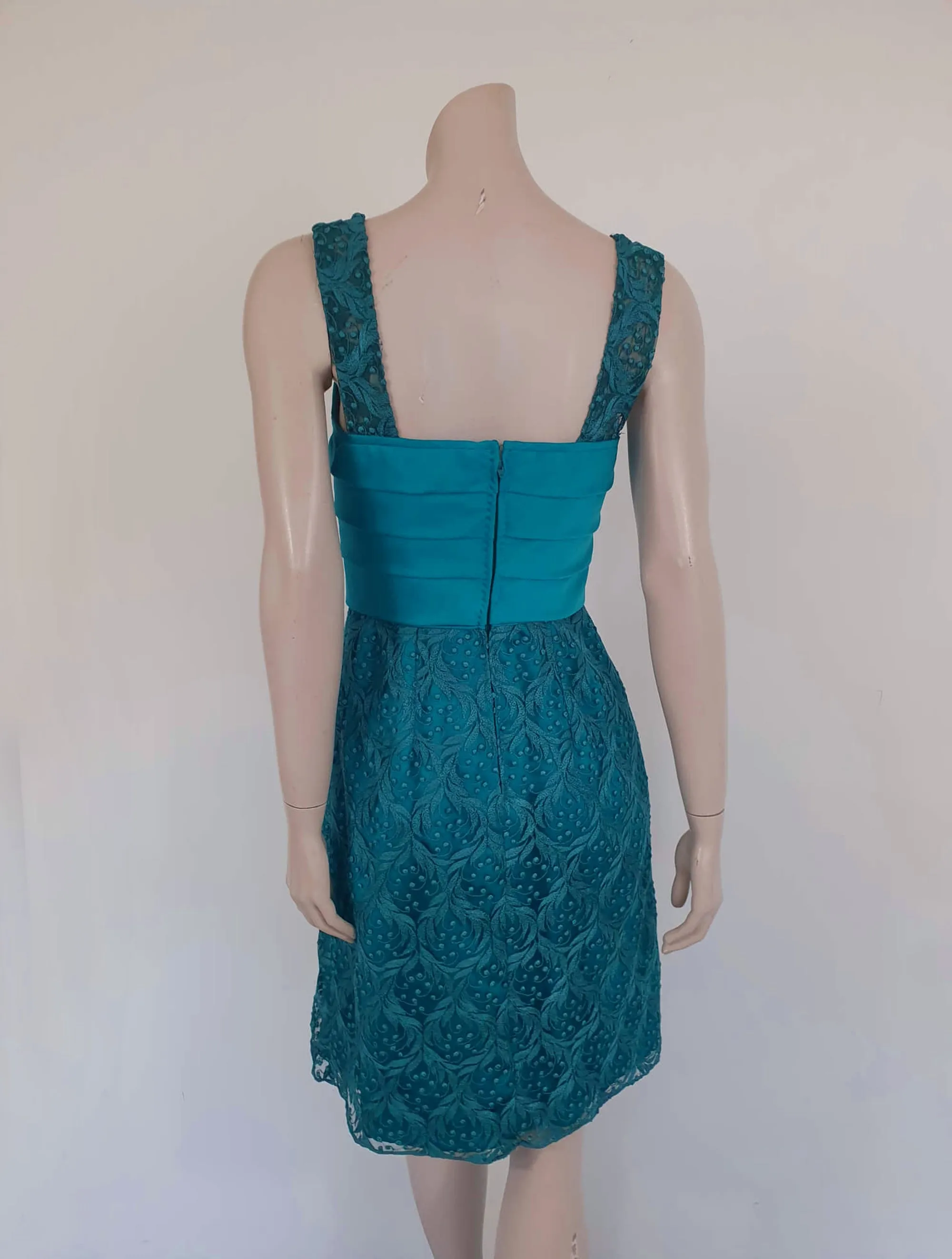 1970s Teal Lace & Satin Dress by John Claringbold - S
