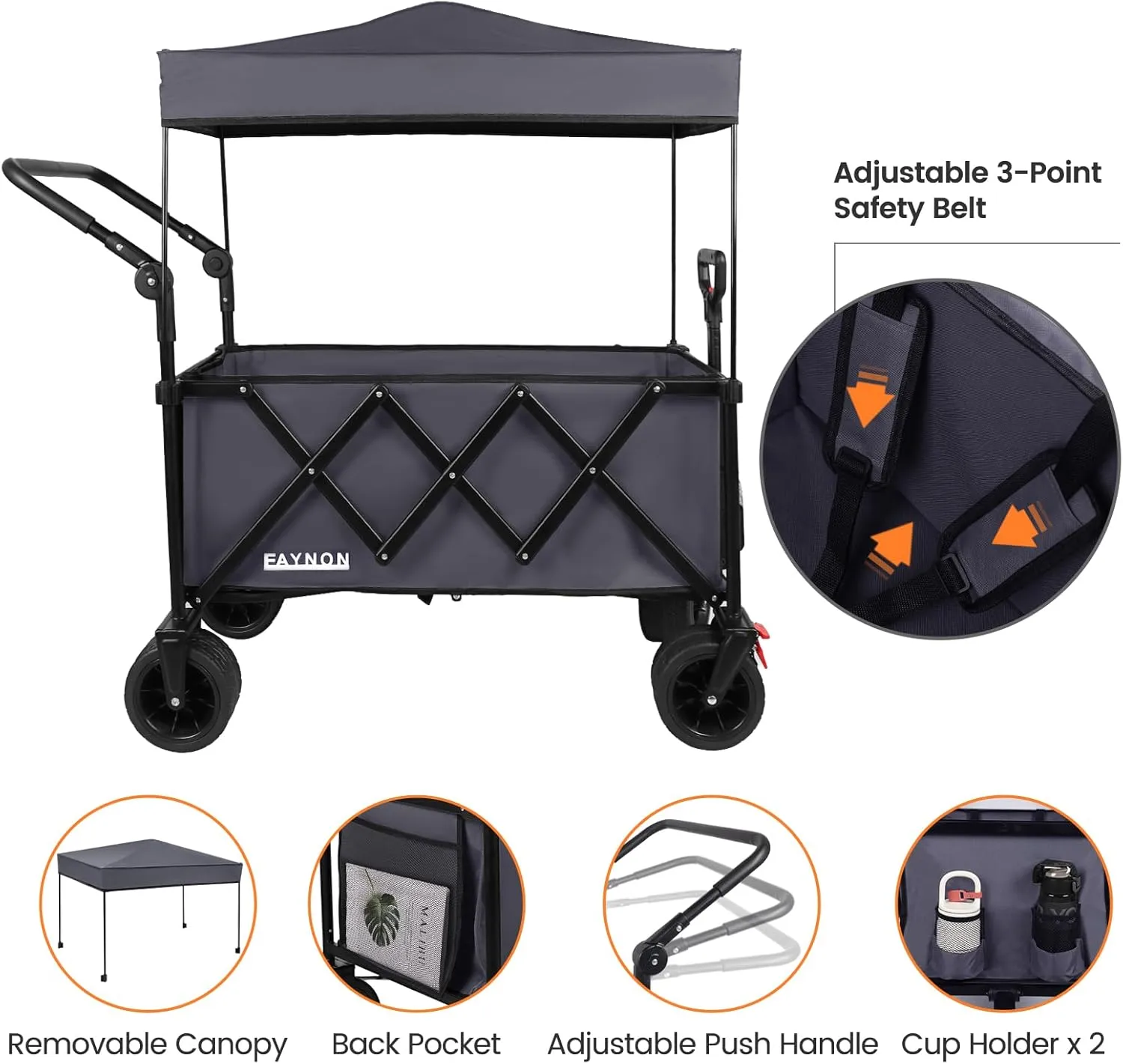 2 in 1 Collapsible Wagon with 300lbs Weight Capacity,150L Heavy Duty Utility Cart with Removable Canopy,with Big All-Terrain Beach Wheels & Drink Holders,Gray