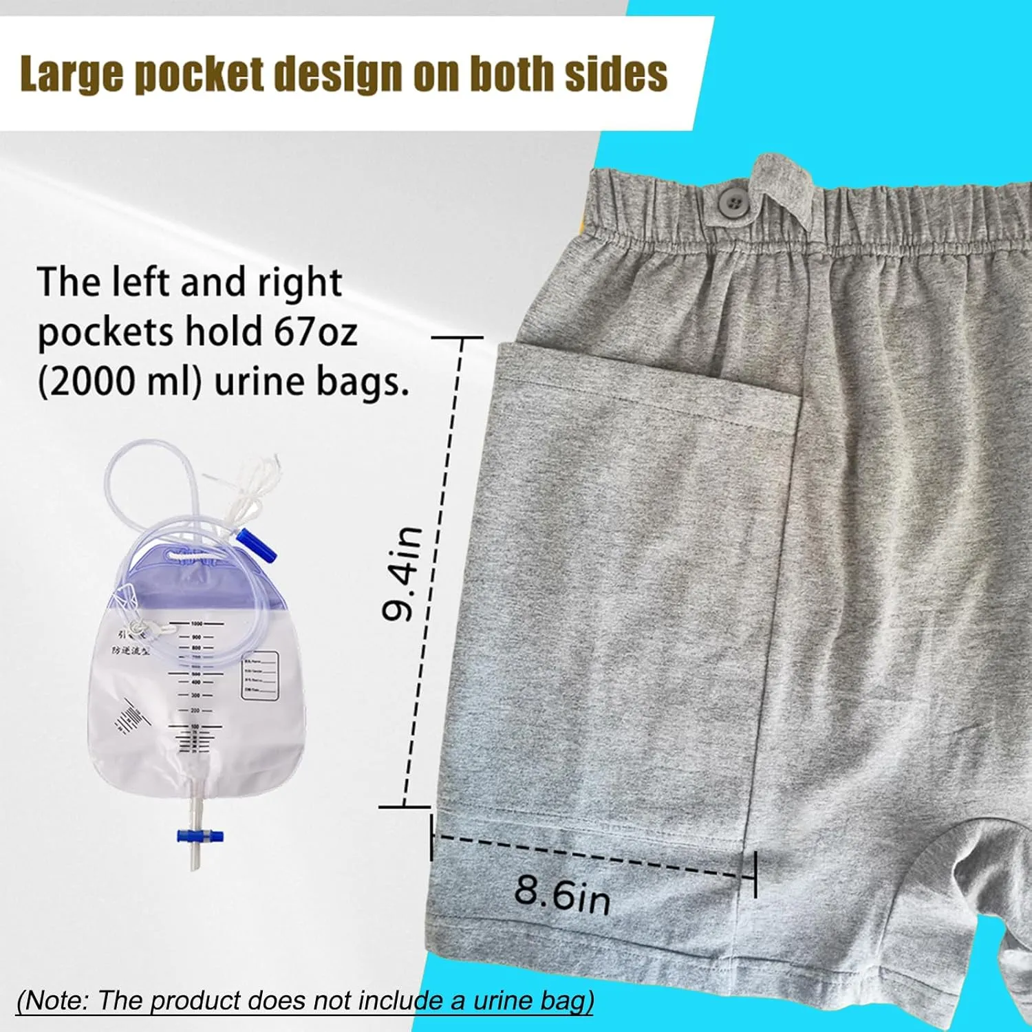 2 Pack Nephrostomy Bag Shorts, Urine Bag Pants, Catheter Bag Pants for Ostomy Drainage Bag, Elderly, Incontinence Care (Grey, Large)