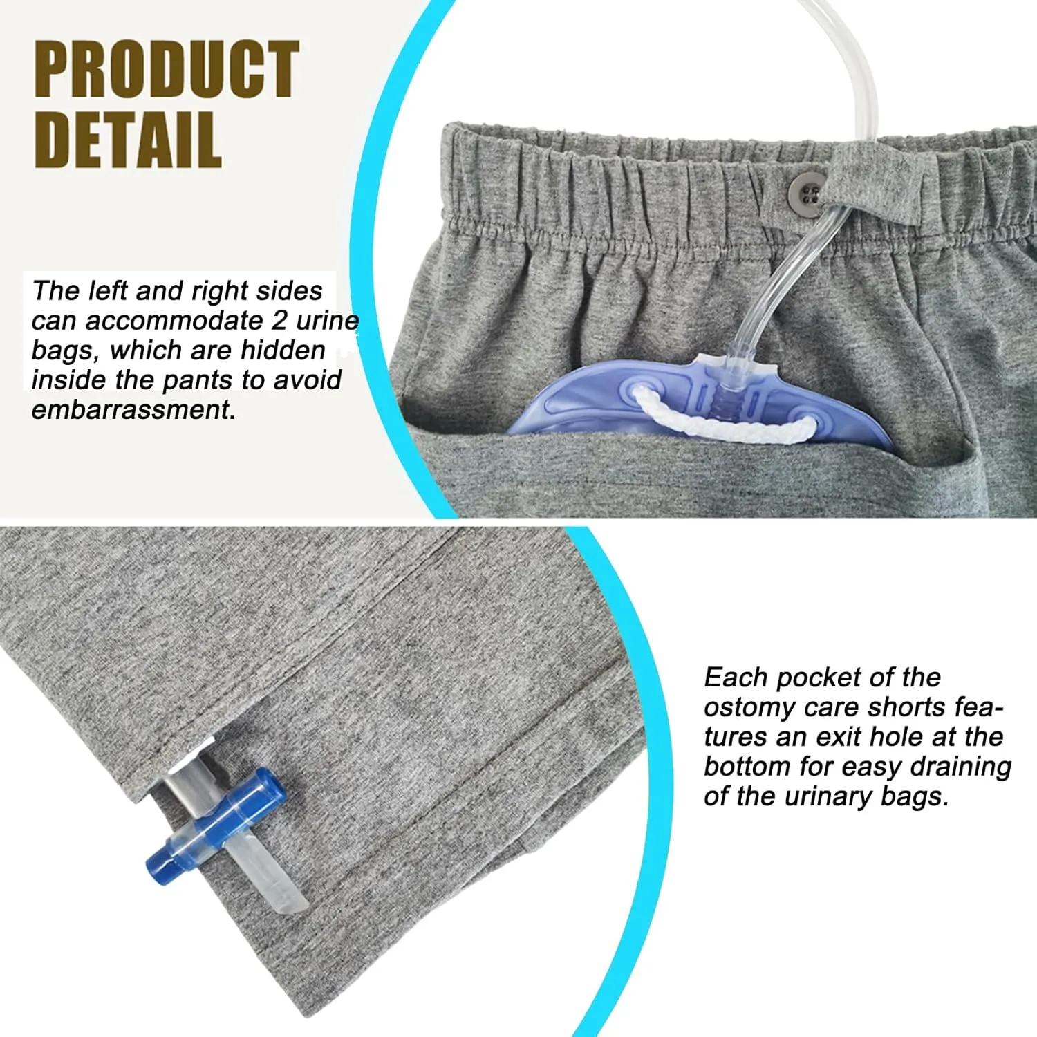 2 Pack Nephrostomy Bag Shorts, Urine Bag Pants, Catheter Bag Pants for Ostomy Drainage Bag, Elderly, Incontinence Care (Grey, Large)