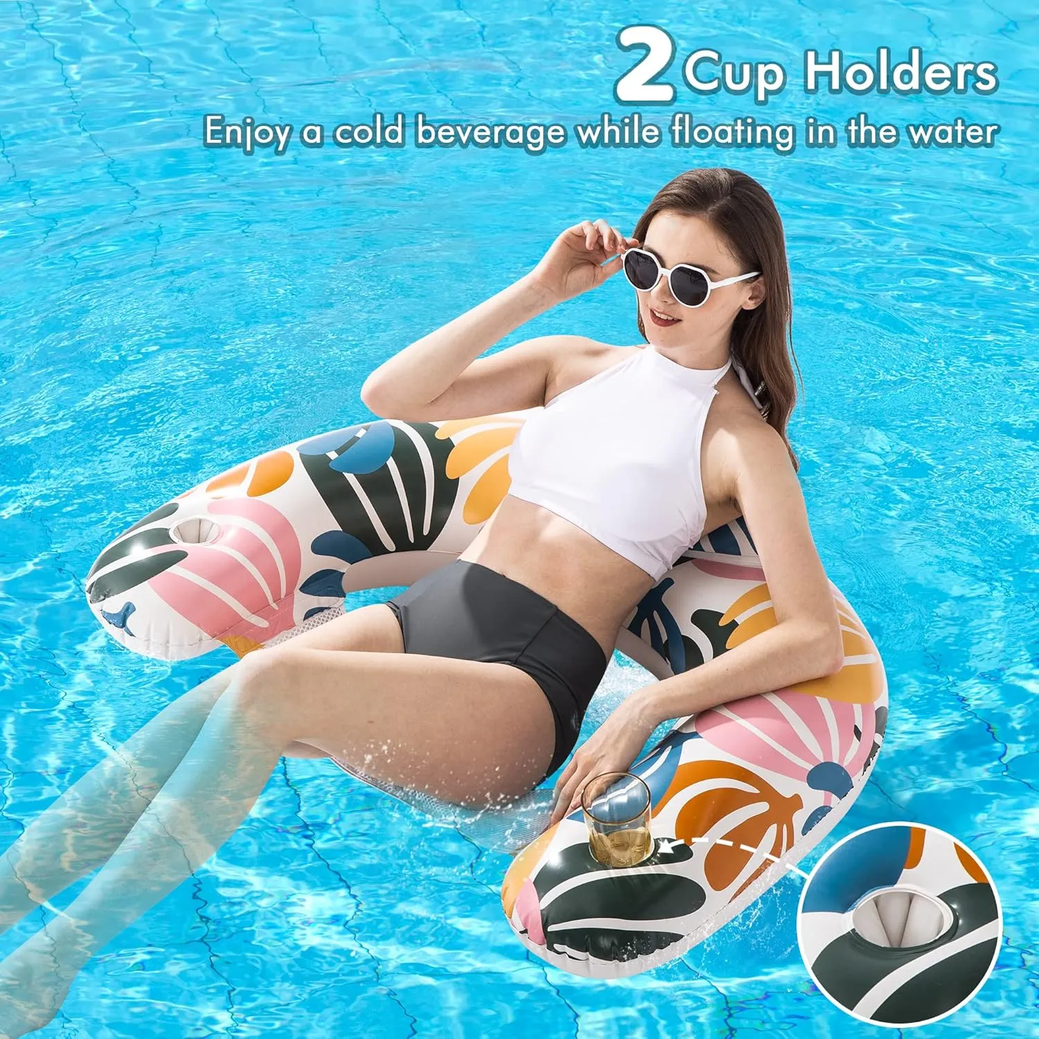 2 Pack Pool Floats Adult,OKSUWATER Pool Floaties for Adults with Two Cup Holders Inflatable Pool Floats Chairs, Lake Floats for Adults Toys Applies to Water Play Party