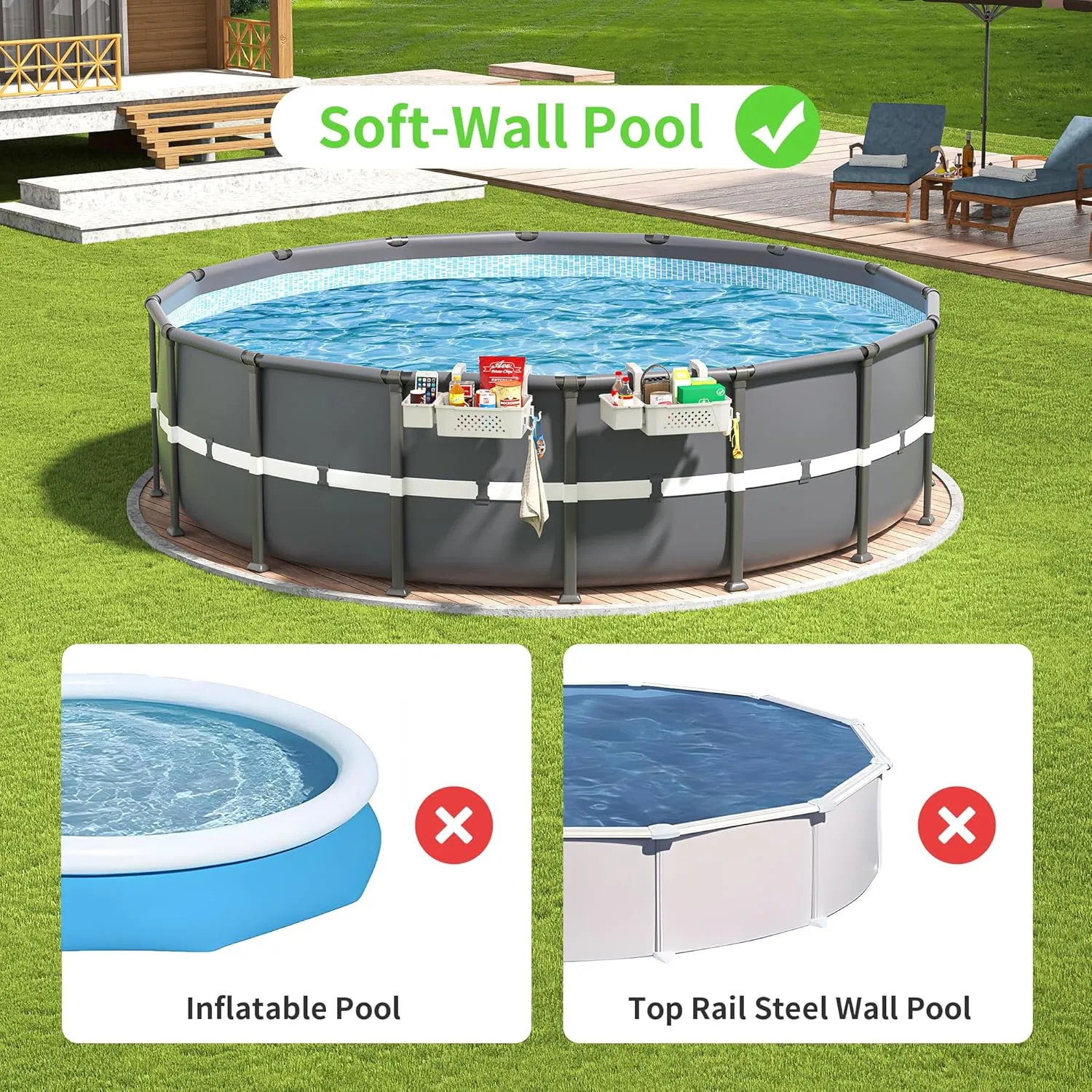 2 Sets of Poolside Storage Baskets with Cup Holders - Perfect for 3-Inch or Smaller Top Rails - Above Ground Pool Accessories - Fit for Most Above Ground Pool（Grey）