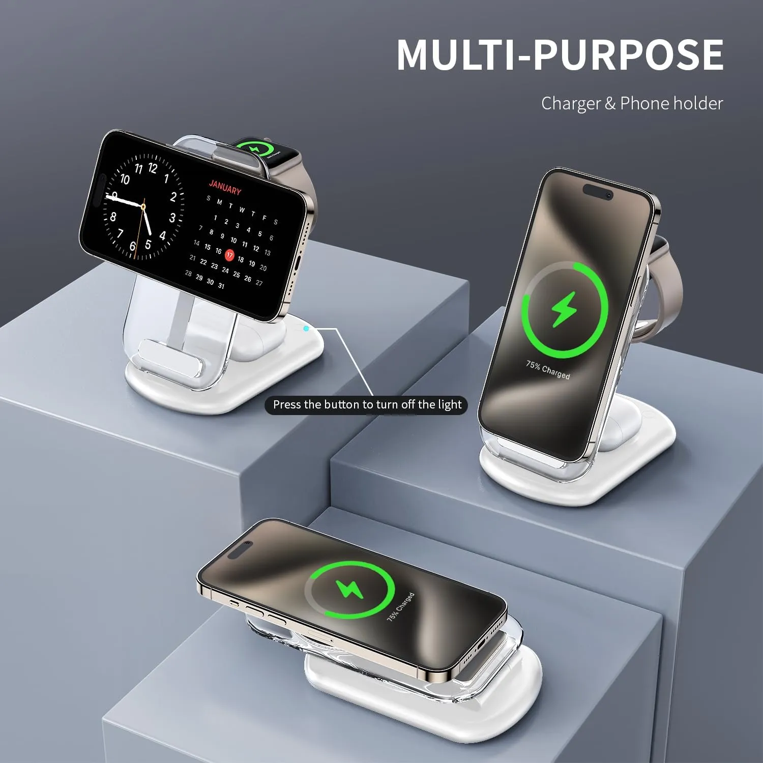 2025 Magnetic Wireless Mag-Safe Charger Stand,3 in 1 Charger with Light for iPhone 16 15 14 13 12 Pro Max Plus,Charging Pad for Apple Watch Series & Air pods 4 3 2 Pro(White)
