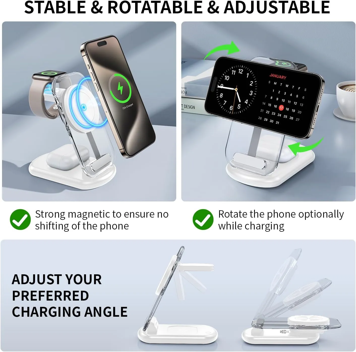 2025 Magnetic Wireless Mag-Safe Charger Stand,3 in 1 Charger with Light for iPhone 16 15 14 13 12 Pro Max Plus,Charging Pad for Apple Watch Series & Air pods 4 3 2 Pro(White)