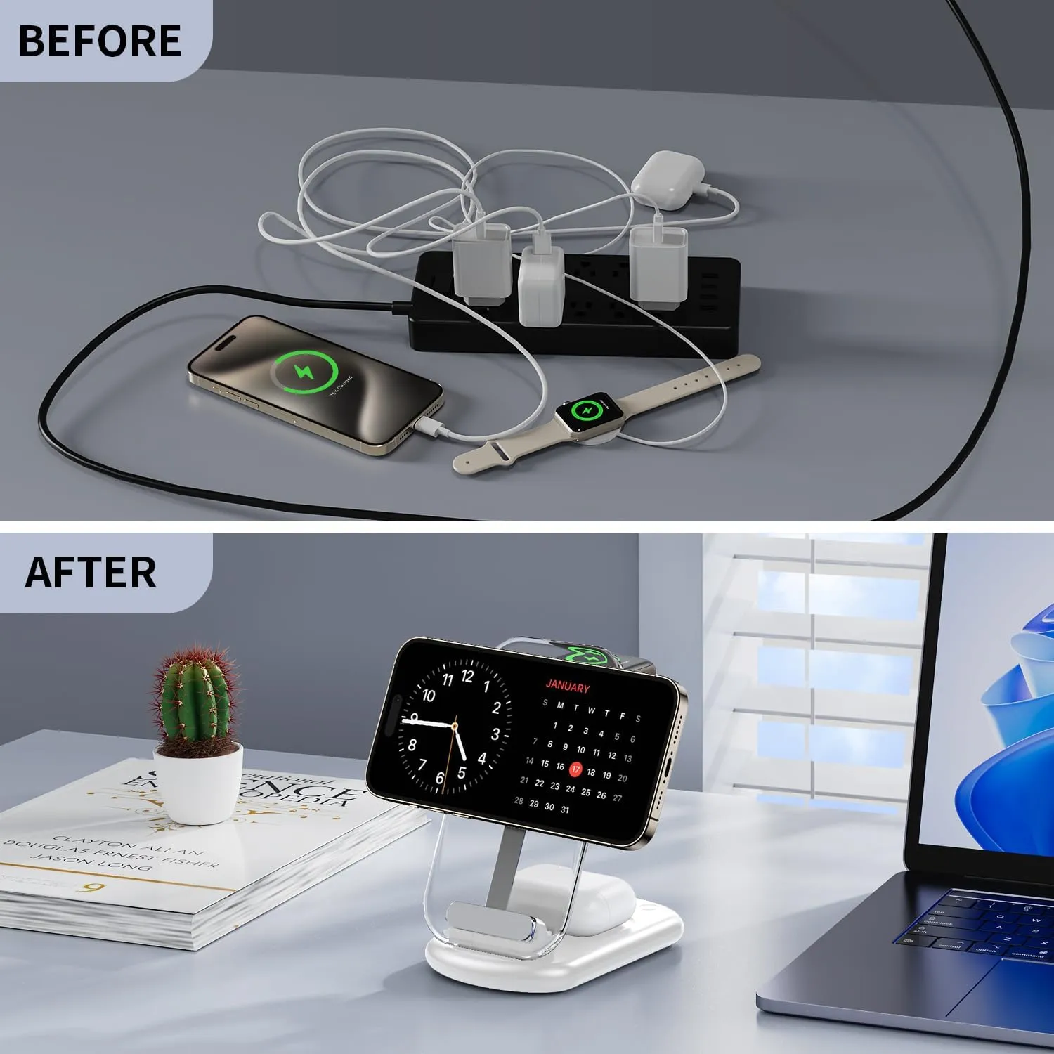 2025 Magnetic Wireless Mag-Safe Charger Stand,3 in 1 Charger with Light for iPhone 16 15 14 13 12 Pro Max Plus,Charging Pad for Apple Watch Series & Air pods 4 3 2 Pro(White)