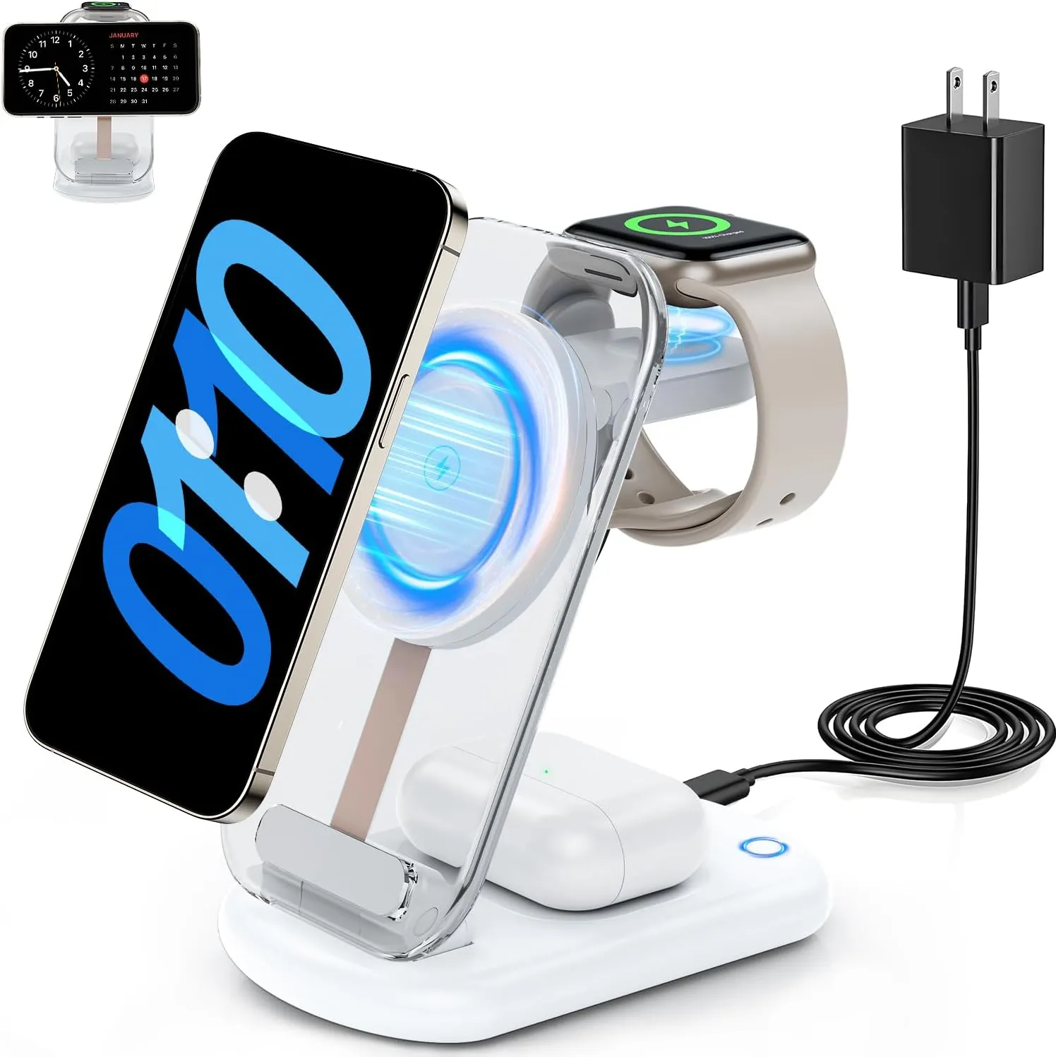 2025 Magnetic Wireless Mag-Safe Charger Stand,3 in 1 Charger with Light for iPhone 16 15 14 13 12 Pro Max Plus,Charging Pad for Apple Watch Series & Air pods 4 3 2 Pro(White)