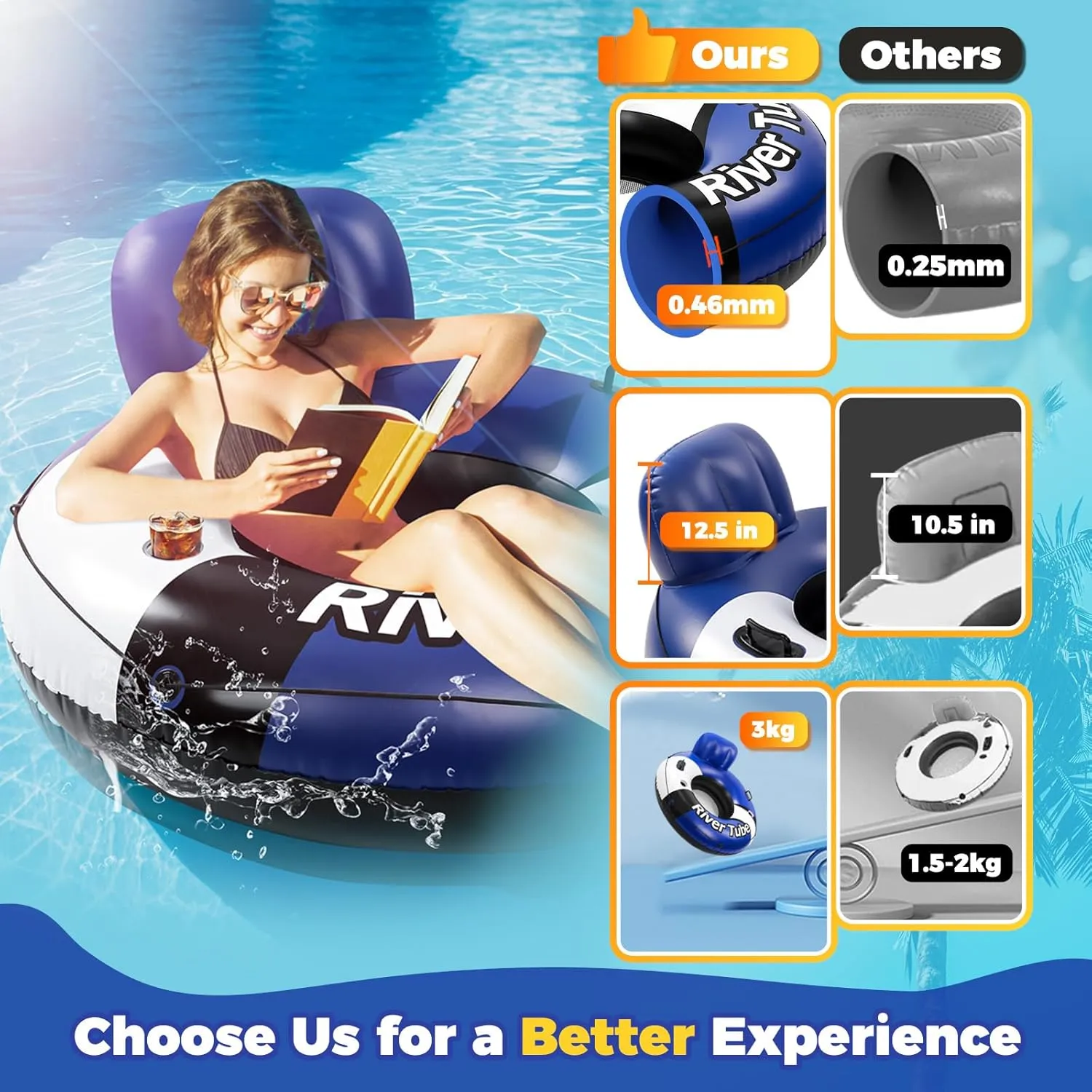 2025 New & Upgraded River Tubes for Floating Heavy Duty, Inflatable Float for Beach Lake Rafting, Fool Floats with Mesh Bottom, Cup Holder, Backrest