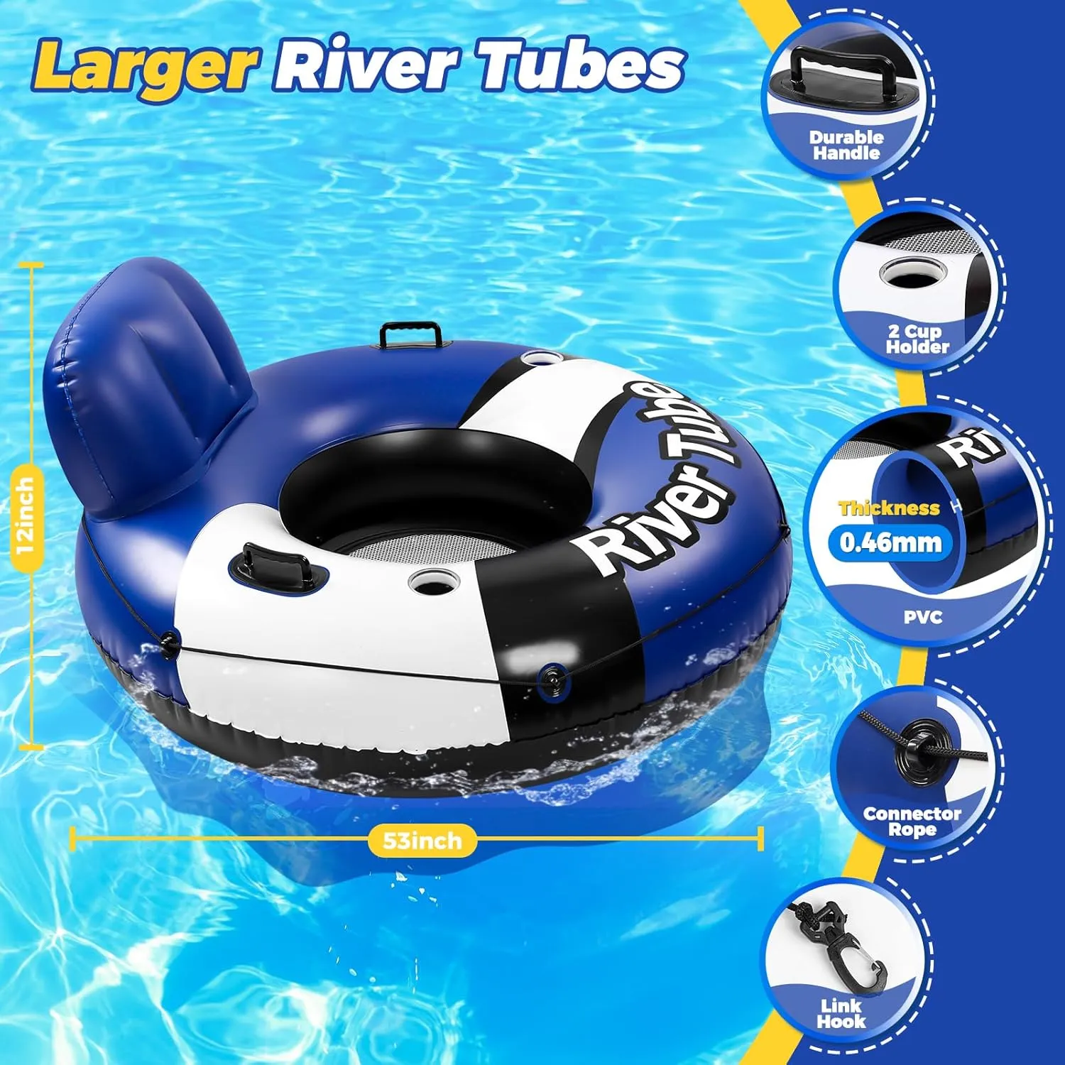 2025 New & Upgraded River Tubes for Floating Heavy Duty, Inflatable Float for Beach Lake Rafting, Fool Floats with Mesh Bottom, Cup Holder, Backrest
