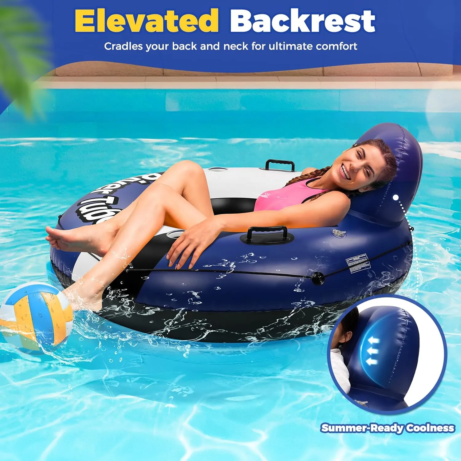 2025 New & Upgraded River Tubes for Floating Heavy Duty, Inflatable Float for Beach Lake Rafting, Fool Floats with Mesh Bottom, Cup Holder, Backrest