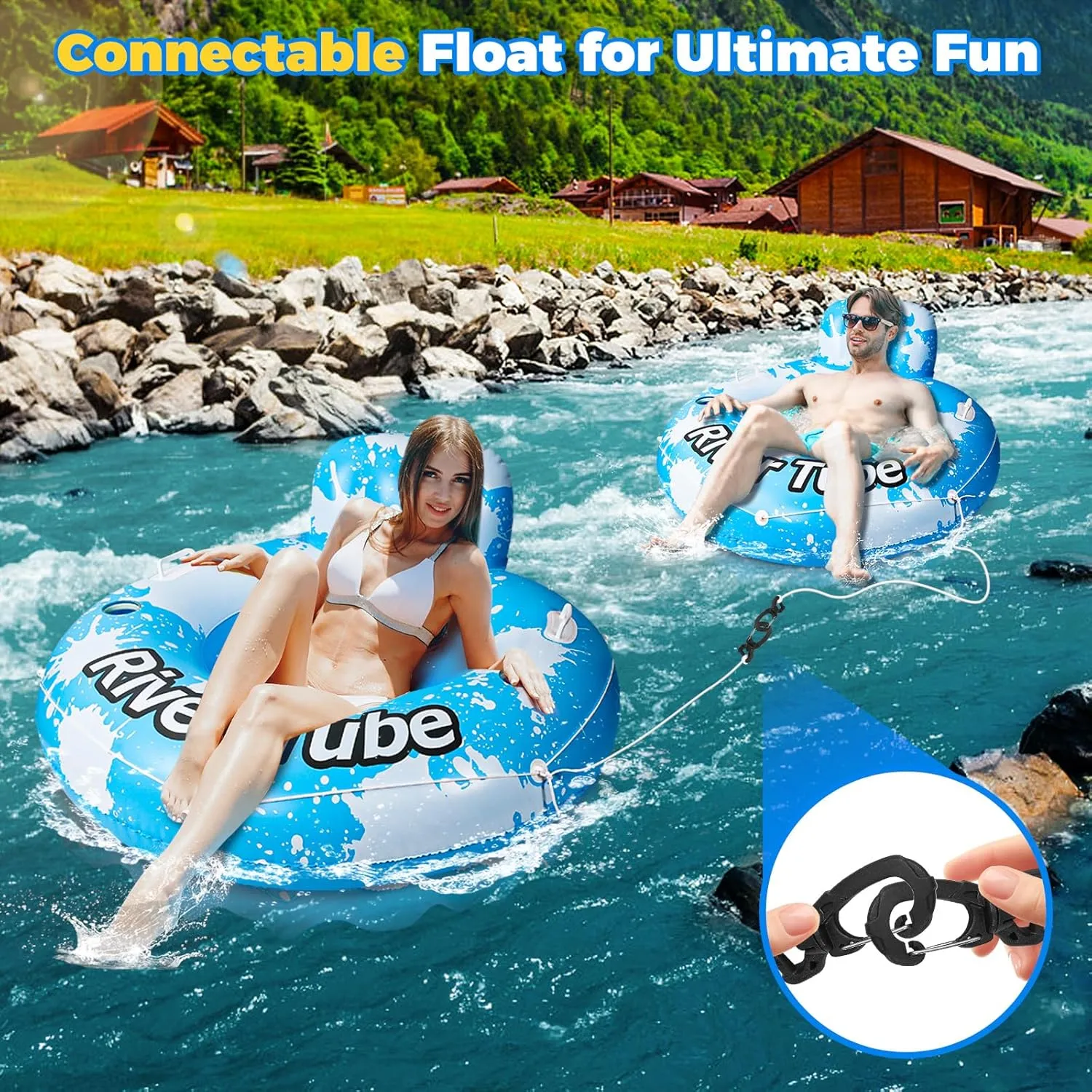 2025 New & Upgraded River Tubes for Floating Heavy Duty, Inflatable Float for Beach Lake Rafting, Fool Floats with Mesh Bottom, Cup Holder, Backrest