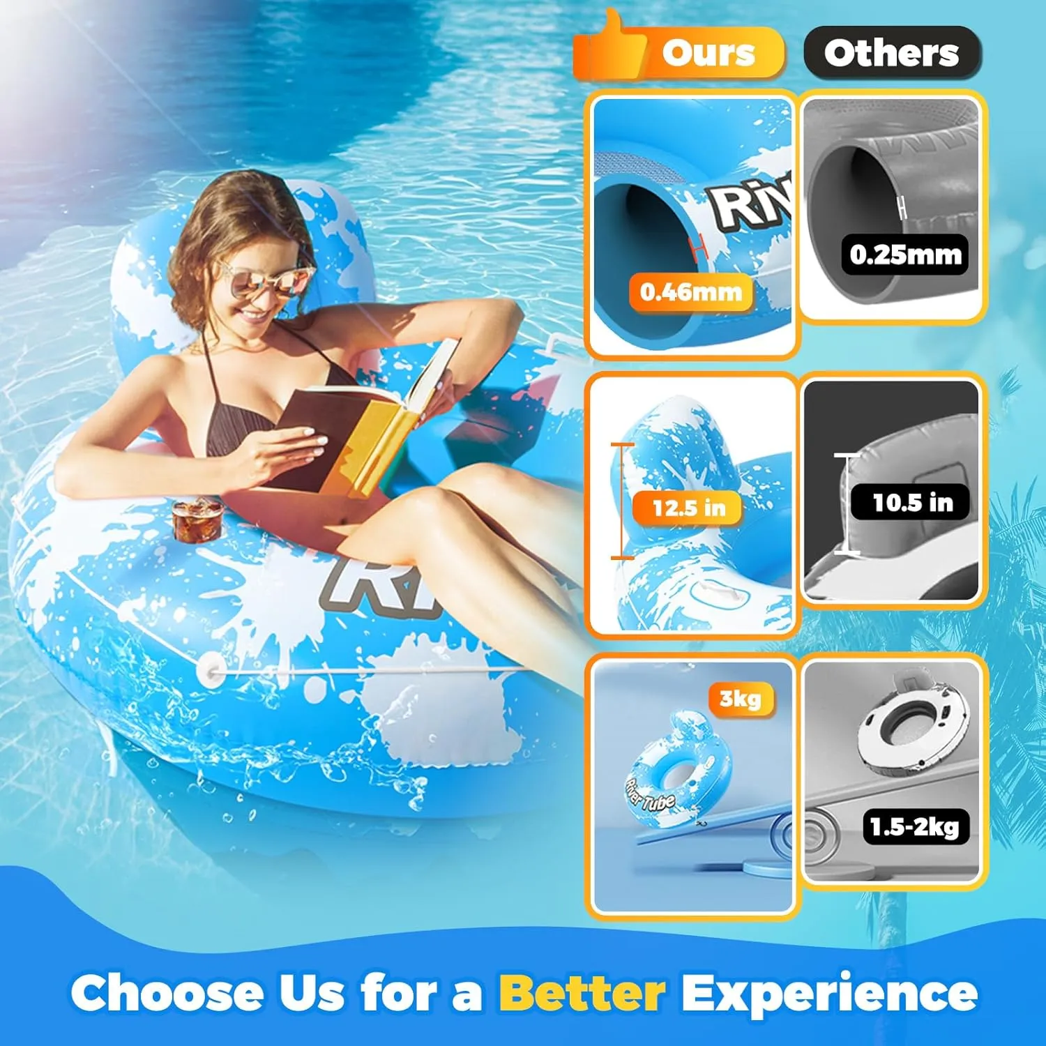 2025 New & Upgraded River Tubes for Floating Heavy Duty, Inflatable Float for Beach Lake Rafting, Fool Floats with Mesh Bottom, Cup Holder, Backrest
