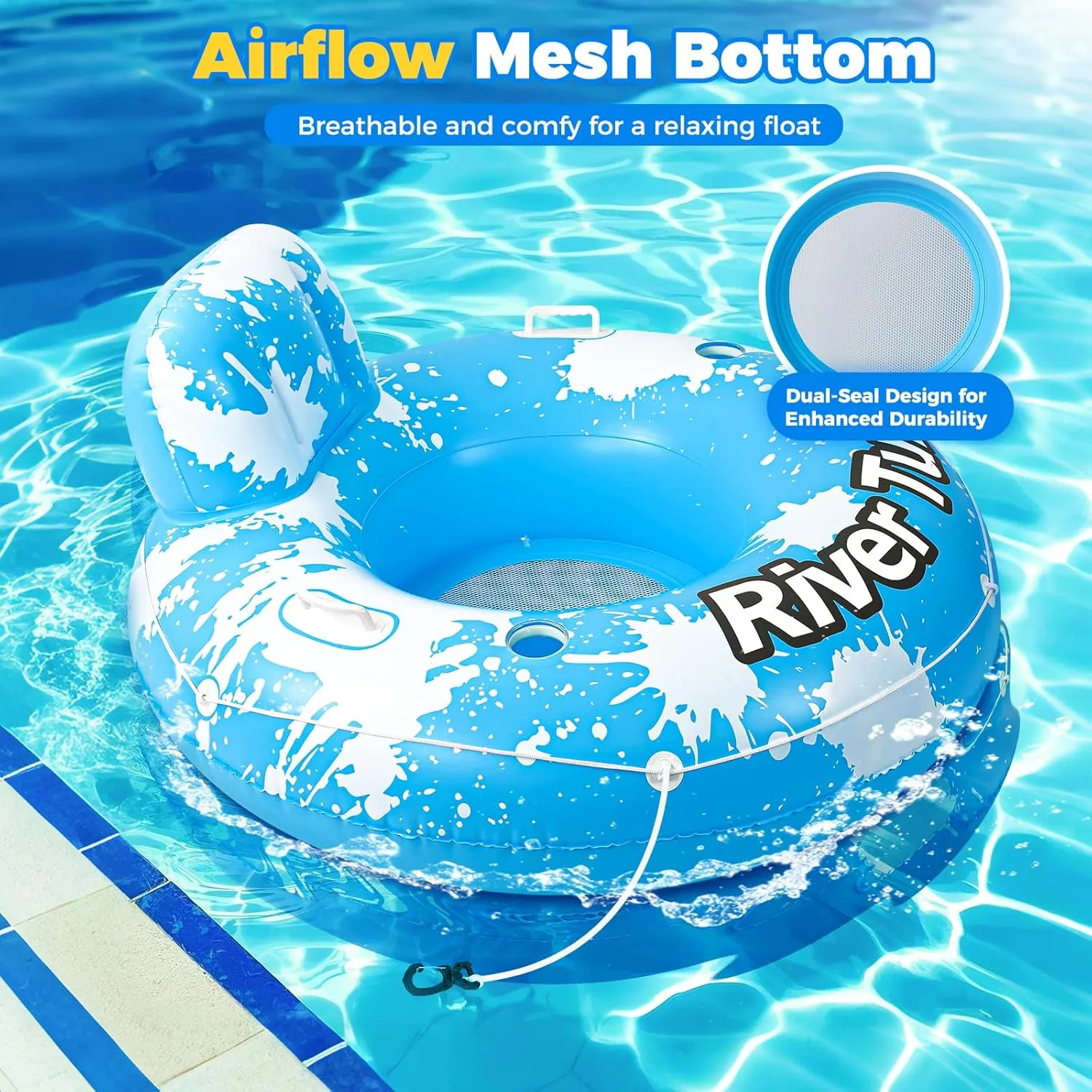 2025 New & Upgraded River Tubes for Floating Heavy Duty, Inflatable Float for Beach Lake Rafting, Fool Floats with Mesh Bottom, Cup Holder, Backrest