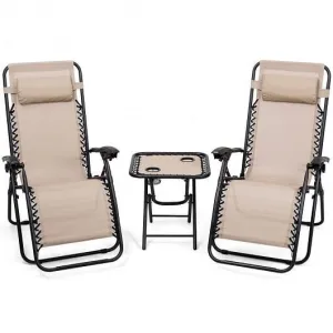 3 Pieces Folding Portable Zero Gravity Reclining Lounge Chairs Table Set-Beige -