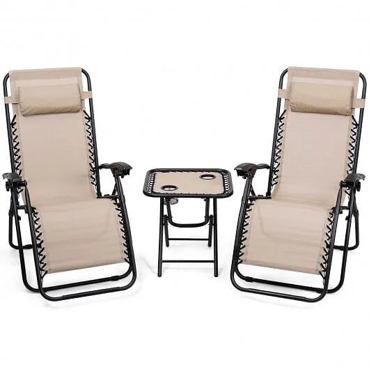 3 Pieces Folding Portable Zero Gravity Reclining Lounge Chairs Table Set-Beige -