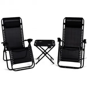 3 Pieces Folding Portable Zero Gravity Reclining Lounge Chairs Table Set-Black -