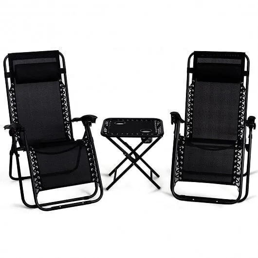 3 Pieces Folding Portable Zero Gravity Reclining Lounge Chairs Table Set-Black -