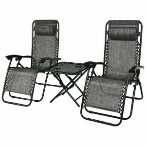 3 Pieces Folding Portable Zero Gravity Reclining Lounge Chairs Table Set-Gray -