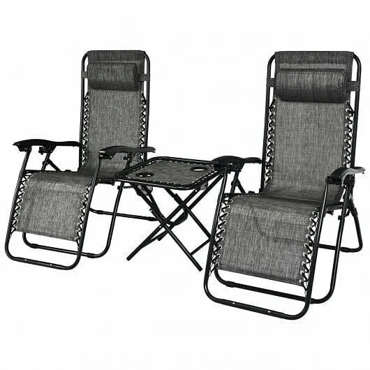 3 Pieces Folding Portable Zero Gravity Reclining Lounge Chairs Table Set-Gray -