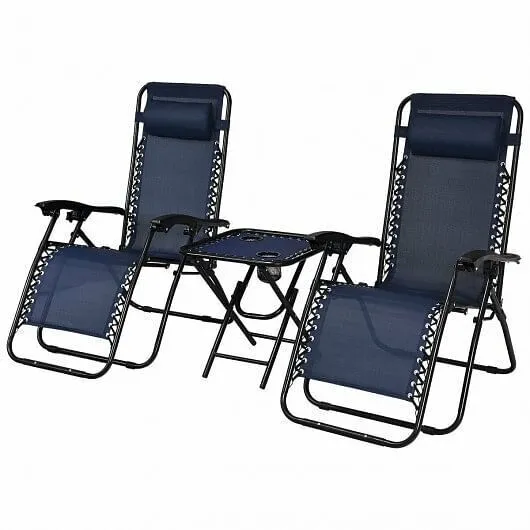 3 Pieces Folding Portable Zero Gravity Reclining Lounge Chairs Table Set-Navy -