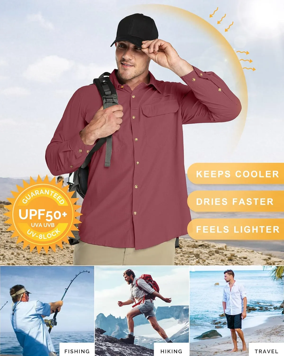 33,000ft Men's Long Sleeve Sun Protection Shirt UPF 50  UV Quick Dry Cooling Fishing Shirts for Travel Safari Camping Hiking
