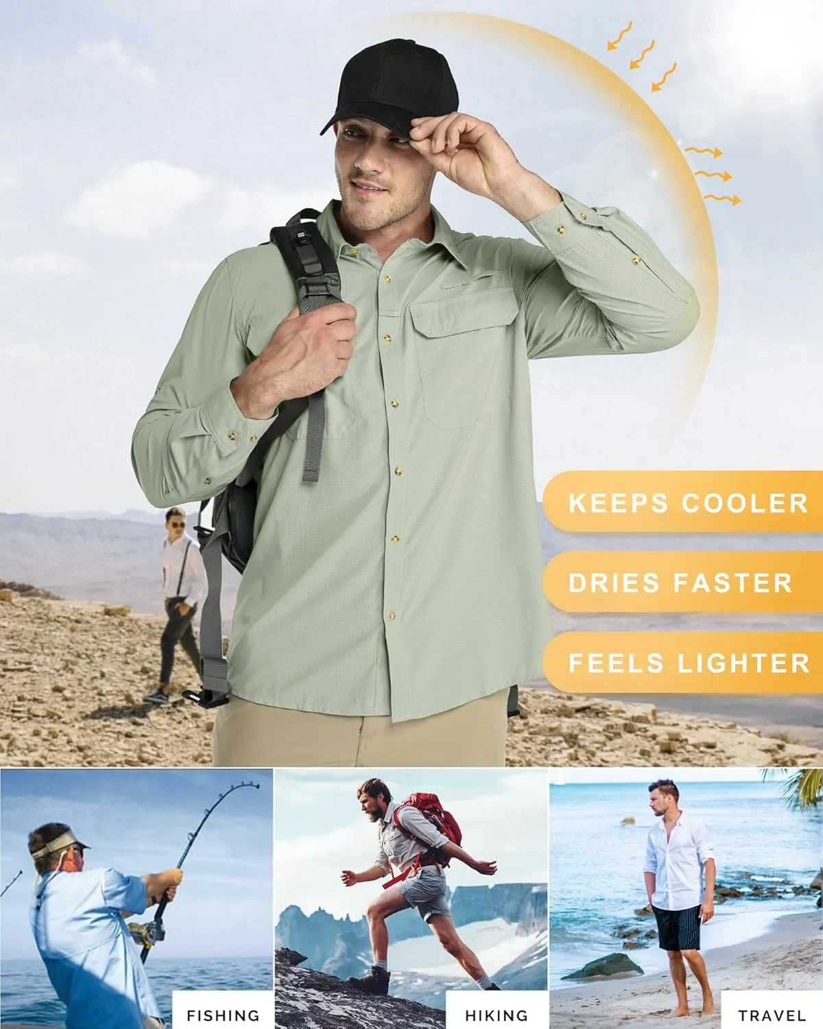 33,000ft Men's Long Sleeve Sun Protection Shirt UPF 50  UV Quick Dry Cooling Fishing Shirts for Travel Safari Camping Hiking