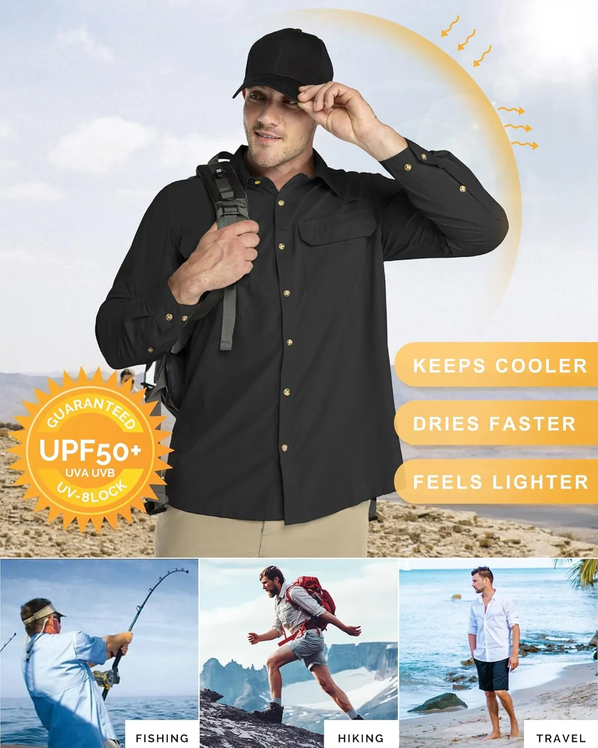 33,000ft Men's Long Sleeve Sun Protection Shirt UPF 50  UV Quick Dry Cooling Fishing Shirts for Travel Safari Camping Hiking