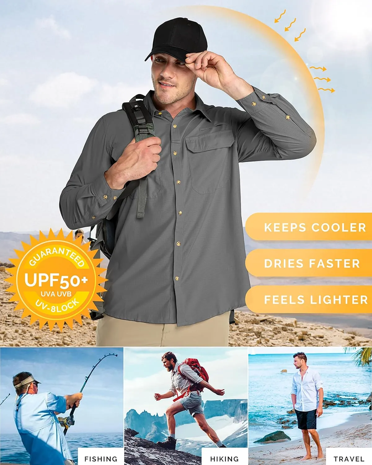 33,000ft Men's Long Sleeve Sun Protection Shirt UPF 50  UV Quick Dry Cooling Fishing Shirts for Travel Safari Camping Hiking