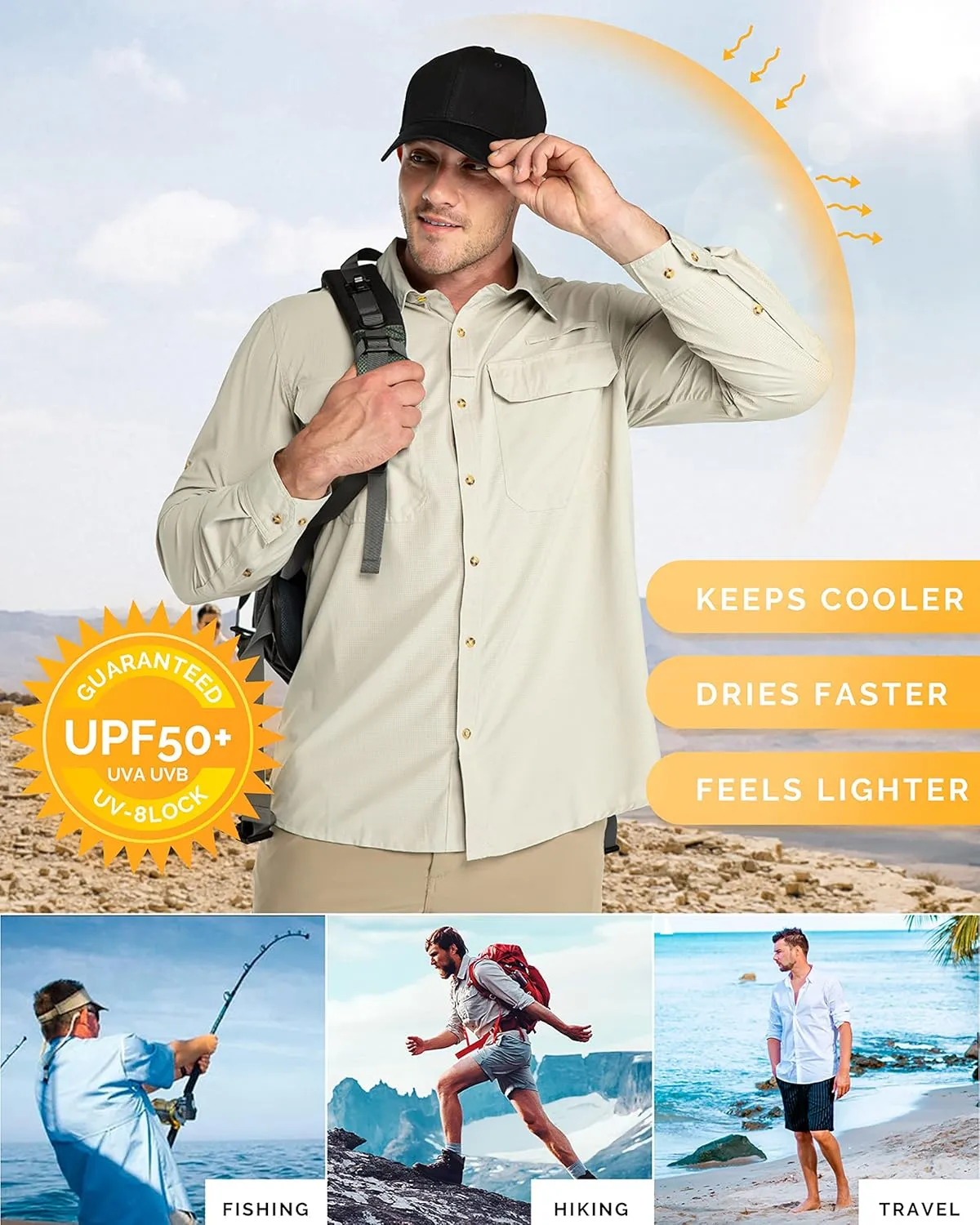 33,000ft Men's Long Sleeve Sun Protection Shirt UPF 50  UV Quick Dry Cooling Fishing Shirts for Travel Safari Camping Hiking