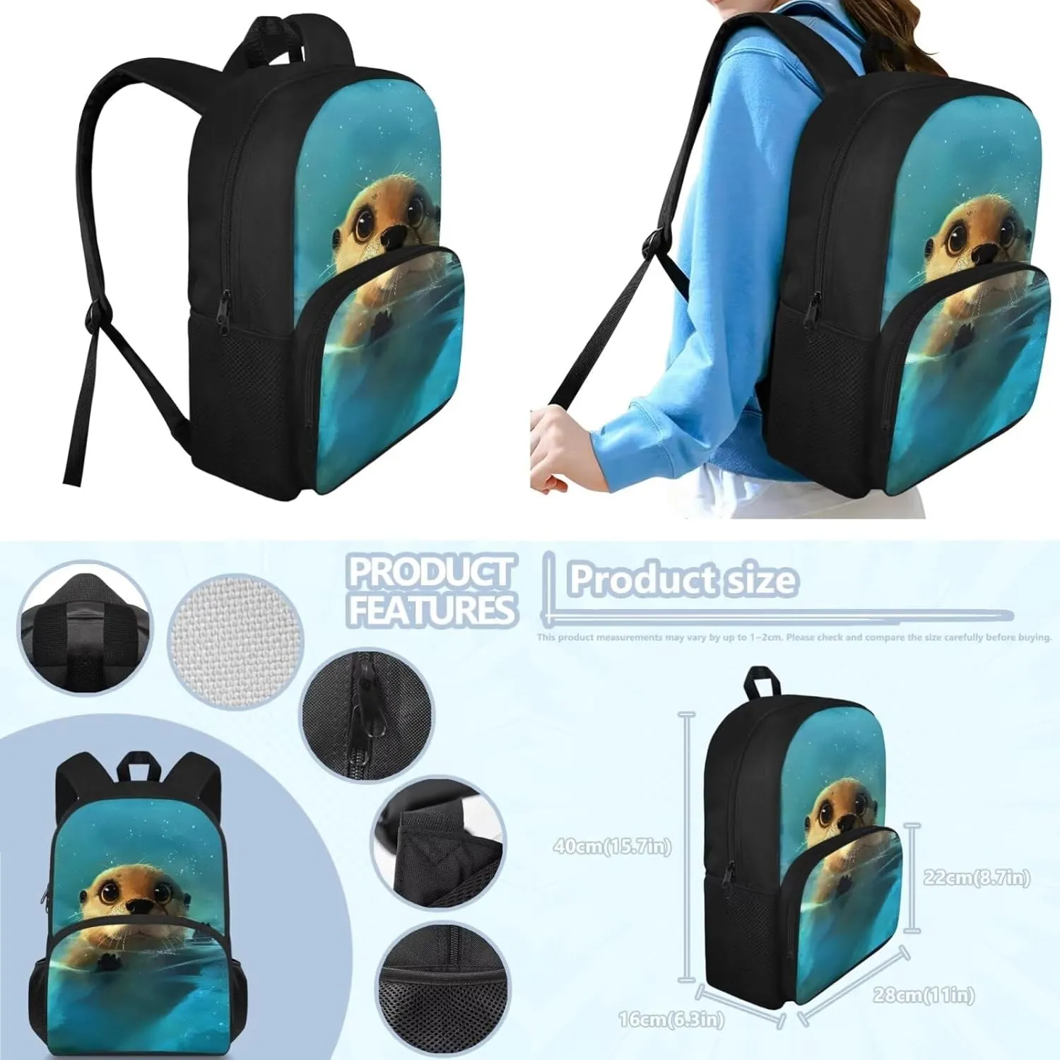 3D Otter Backpack for Boys Age 9-11, Cute Girls Backpack for School Stylish Kids Backpack with Lunch Case Pen Pouch 3 PCS Backpack Set for Toddler Girls Holiday Gifts for Friends