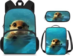 3D Otter Backpack for Boys Age 9-11, Cute Girls Backpack for School Stylish Kids Backpack with Lunch Case Pen Pouch 3 PCS Backpack Set for Toddler Girls Holiday Gifts for Friends