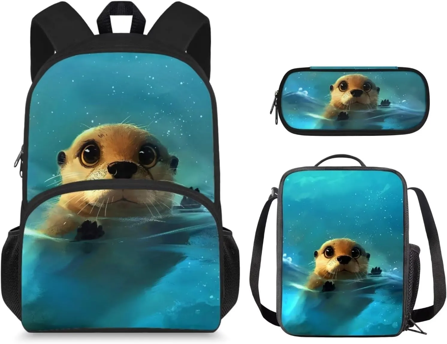 3D Otter Backpack for Boys Age 9-11, Cute Girls Backpack for School Stylish Kids Backpack with Lunch Case Pen Pouch 3 PCS Backpack Set for Toddler Girls Holiday Gifts for Friends