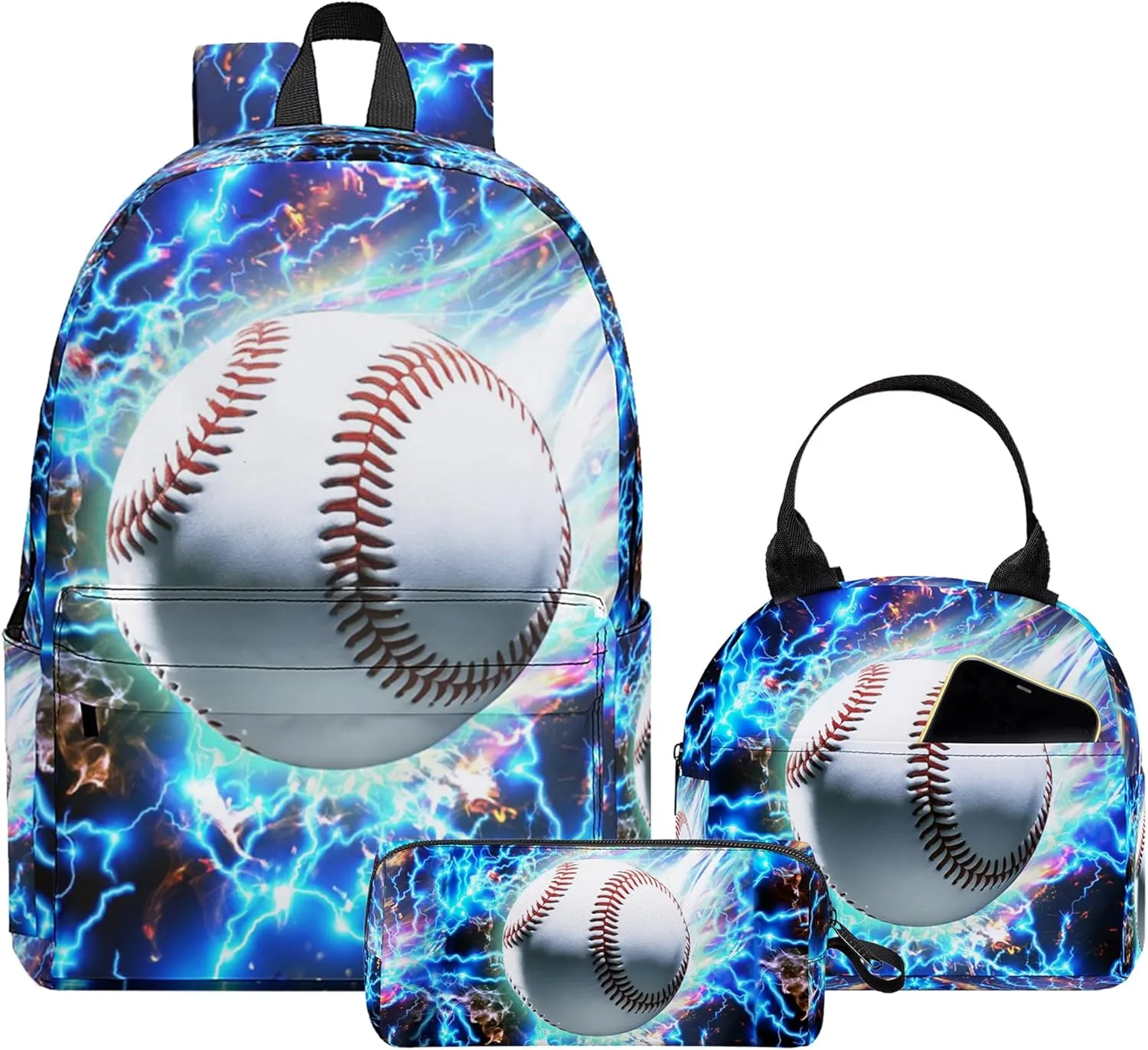 3PCS Backpack for Boys Girls, Kids School Backpack Sets with Lunch Bag Pencil Case, Large Capacity 17 Inch Bookpack 3 in 1 Set for Teens Elementary Middle High School Students (Baseball)